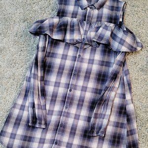 Blue/White Long Plaid Western Style Blouse with Peek-a-boo Sleeves